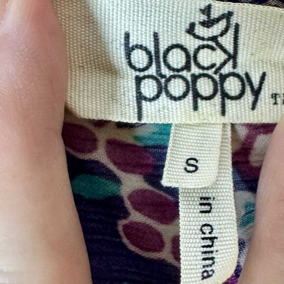 Black Poppy Boho Sheer Peasant Blouse | Small | Purple Multicolor Print - Picture 4 of 6
